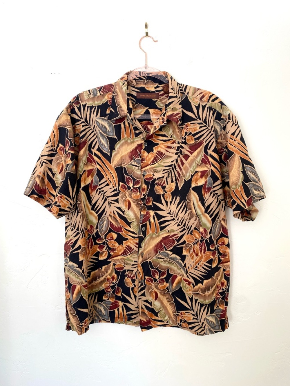 Vintage Tori Richard L Men's Hawaiian Shirt Black Tan Tropical Print Aloha Shirt
